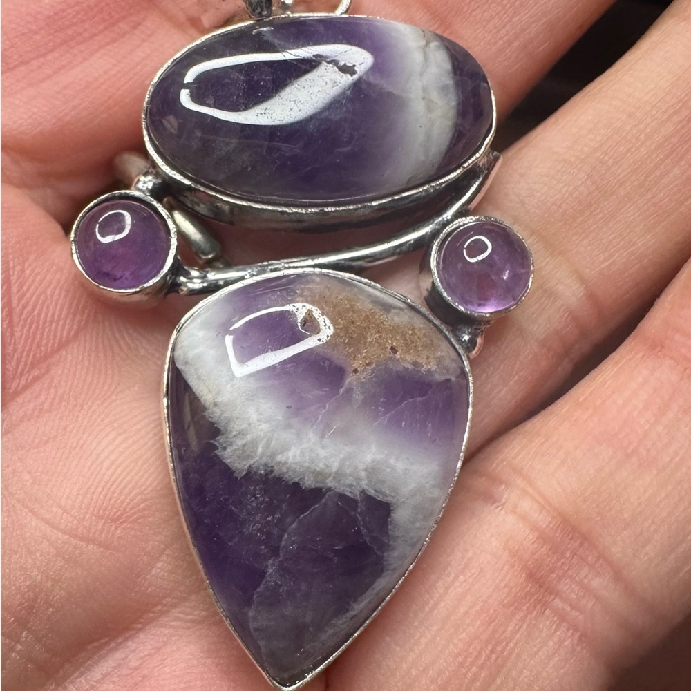 Chevron Amethyst 925 Silver Plated Pendant 2.2"